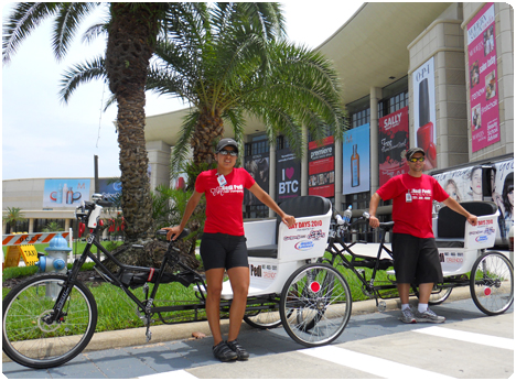 Redi Pedi pedicab drivers wait for passengers at the main entrance of the Premiere Beauty Show, a very valuable marketing vehicle for businesses along International Drive. Redi Pedi can literally bring customers to front doors.